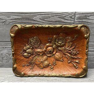 Vintage Wood Look Resin Floral Roses Relief Trinket Tray Gold Trim Midcentury